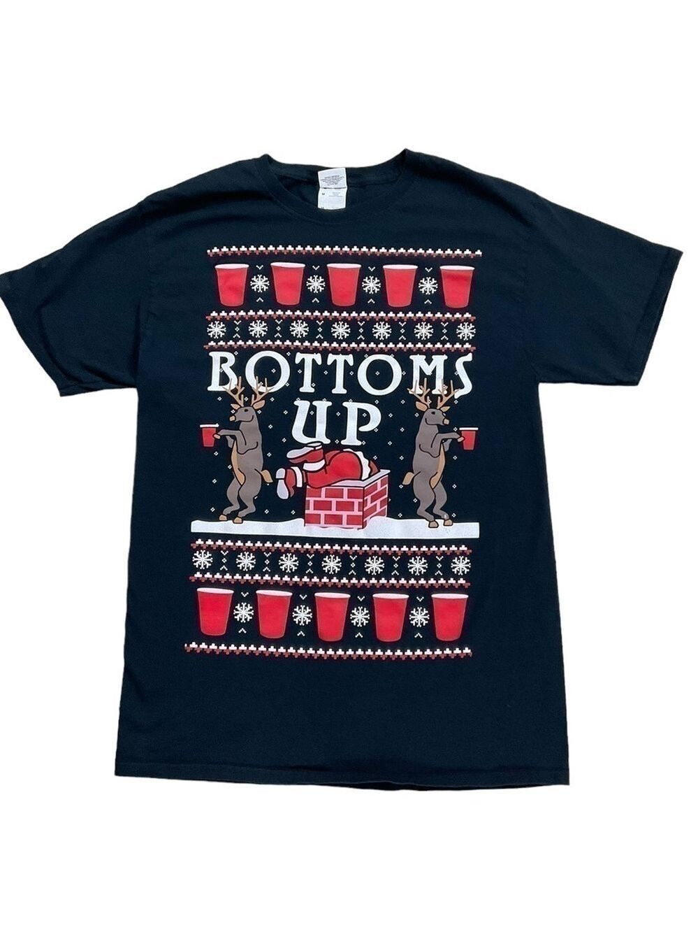 Bottoms Up Ugly Christmas Humor shirt Red solo cups Reindeer Santa’s Bottom Med